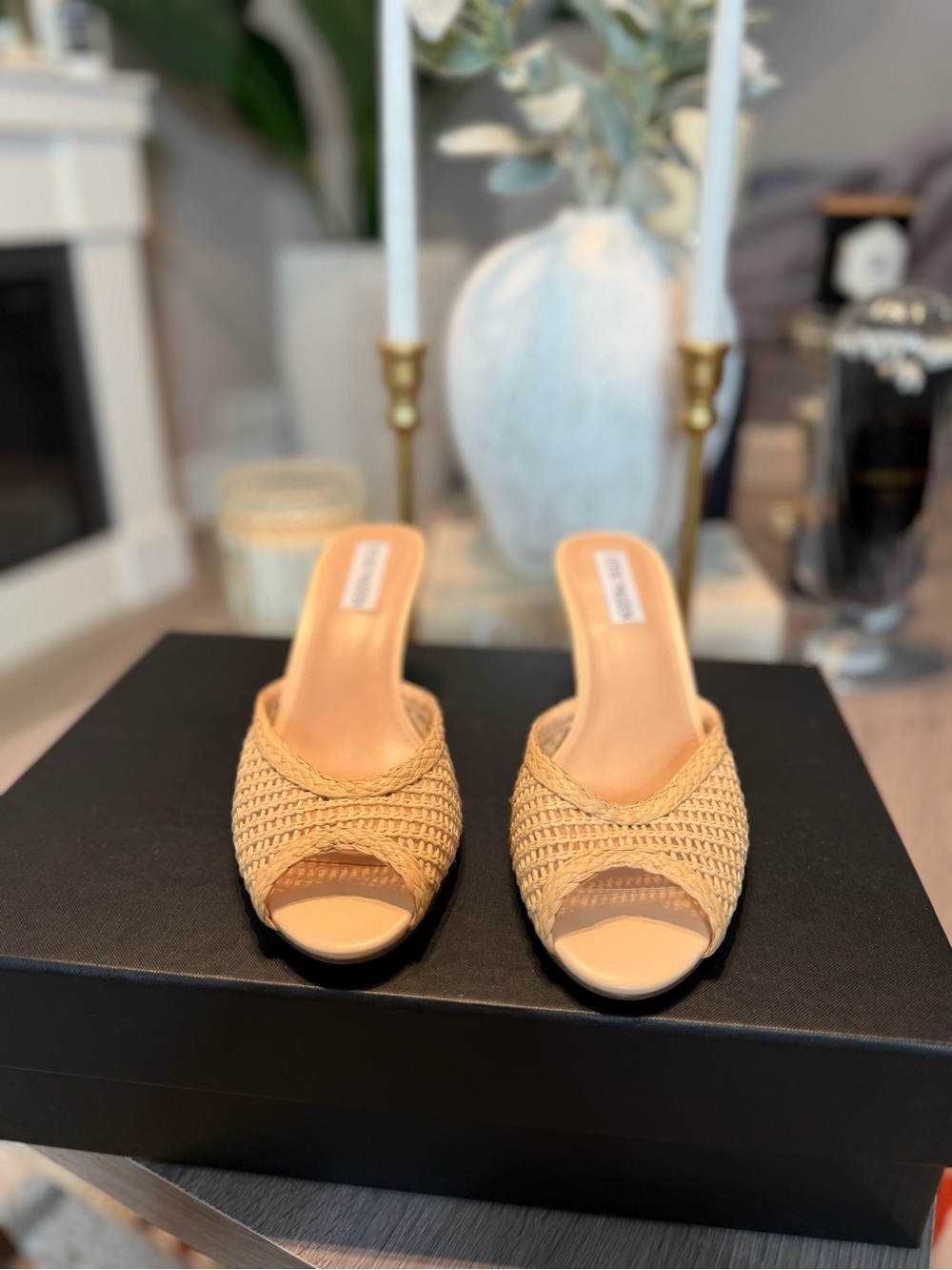 Woven Slide Mule Heels in Beige - Women's Shoes